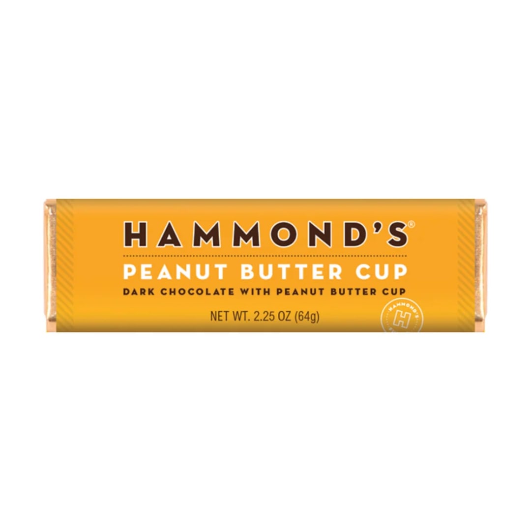 A Hammond's peanut butter cup chocolate bar in yellow packaging