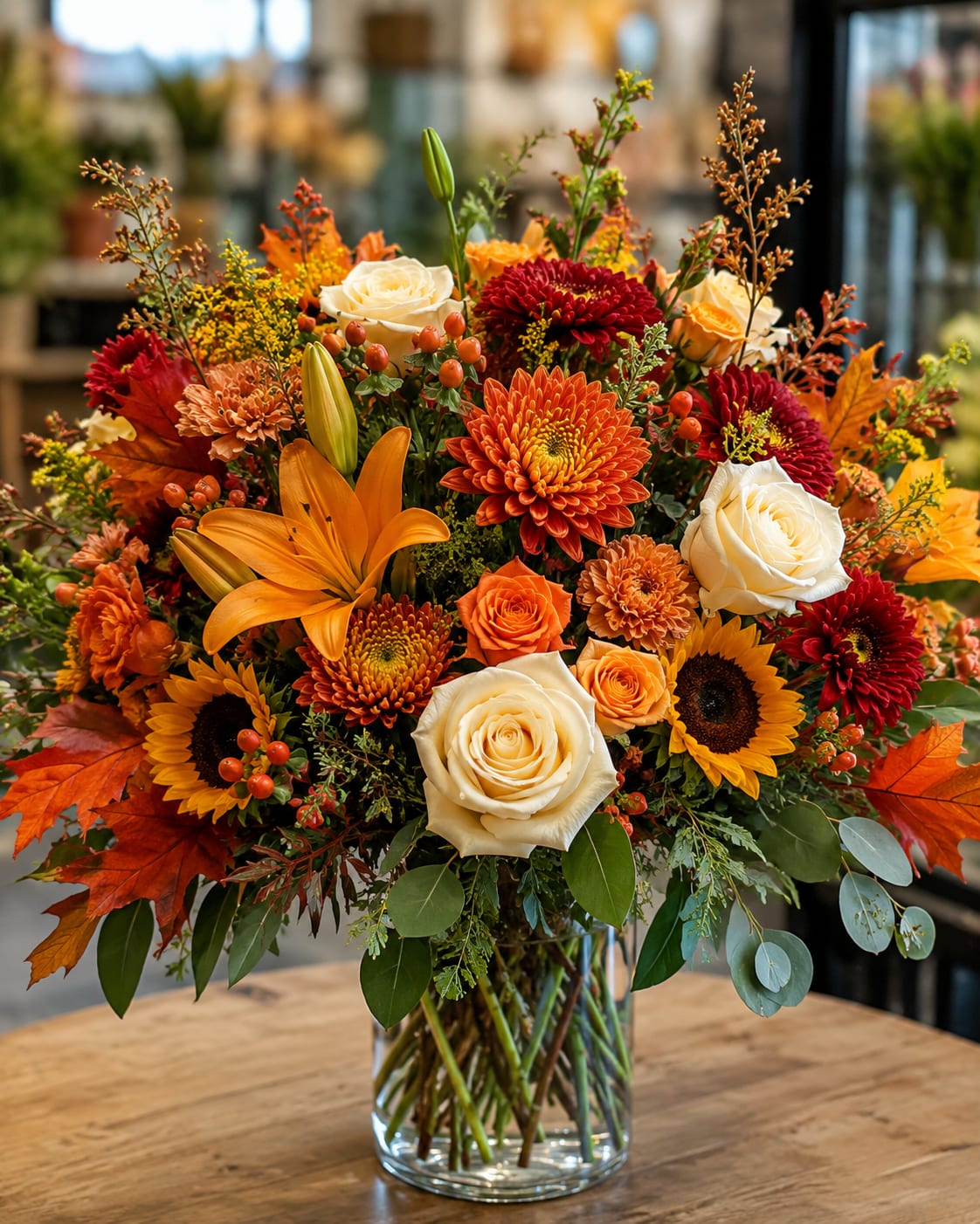 Autumn bouquet of orange, red, and white flowers in a glass vase