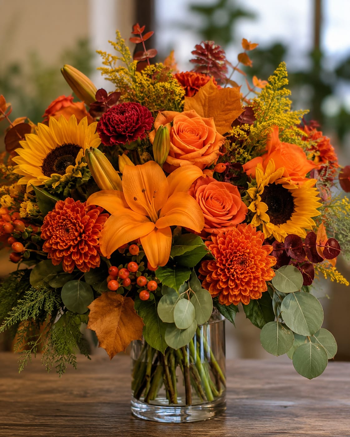 Autumn bouquet with orange lilies, roses, sunflowers, and chrysanthemums in a glass vase