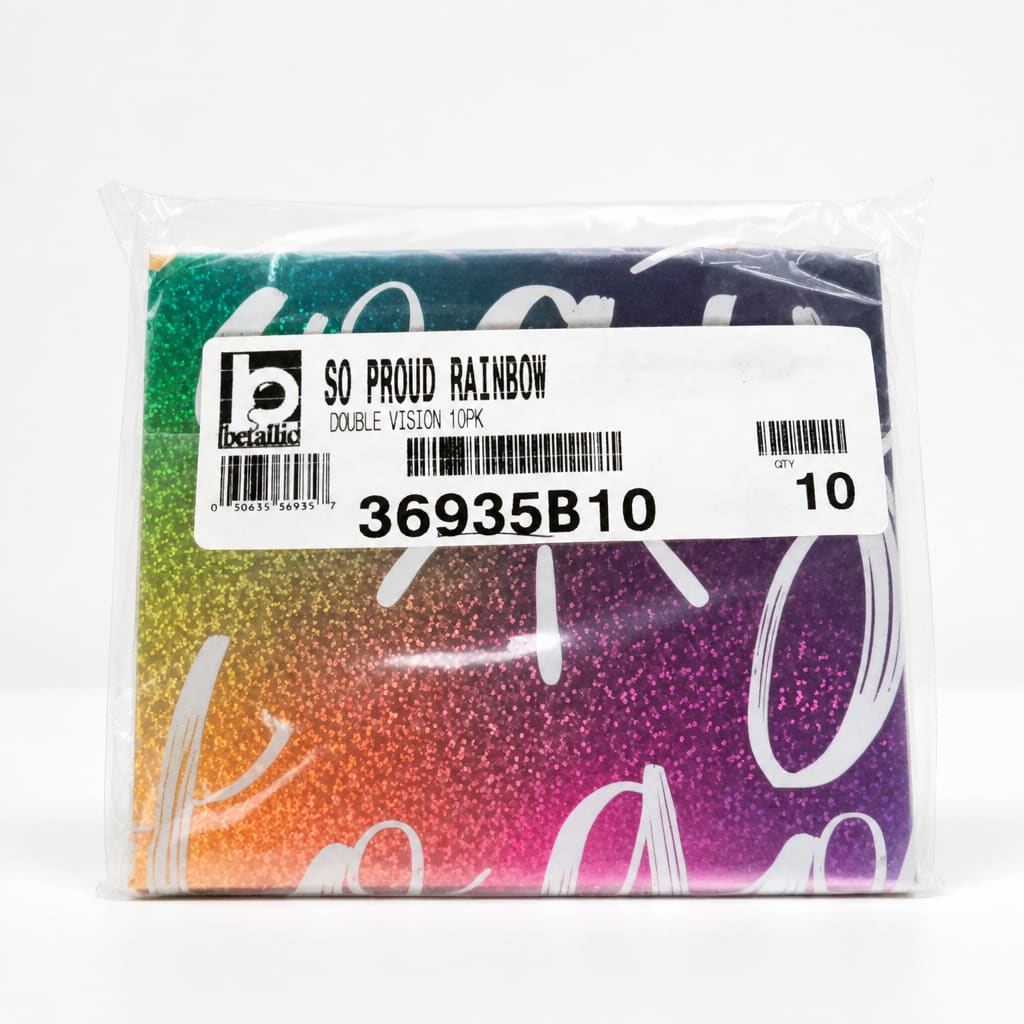 Packaged rainbow glitter fabric with a product label