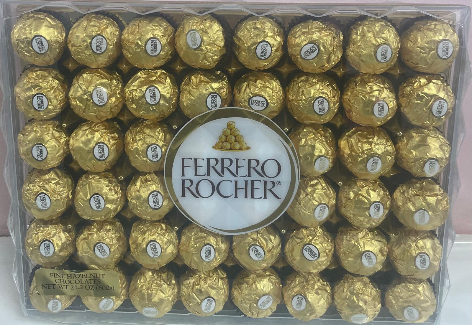 Large box of Ferrero Rocher hazelnut chocolates in gold foil wrappers
