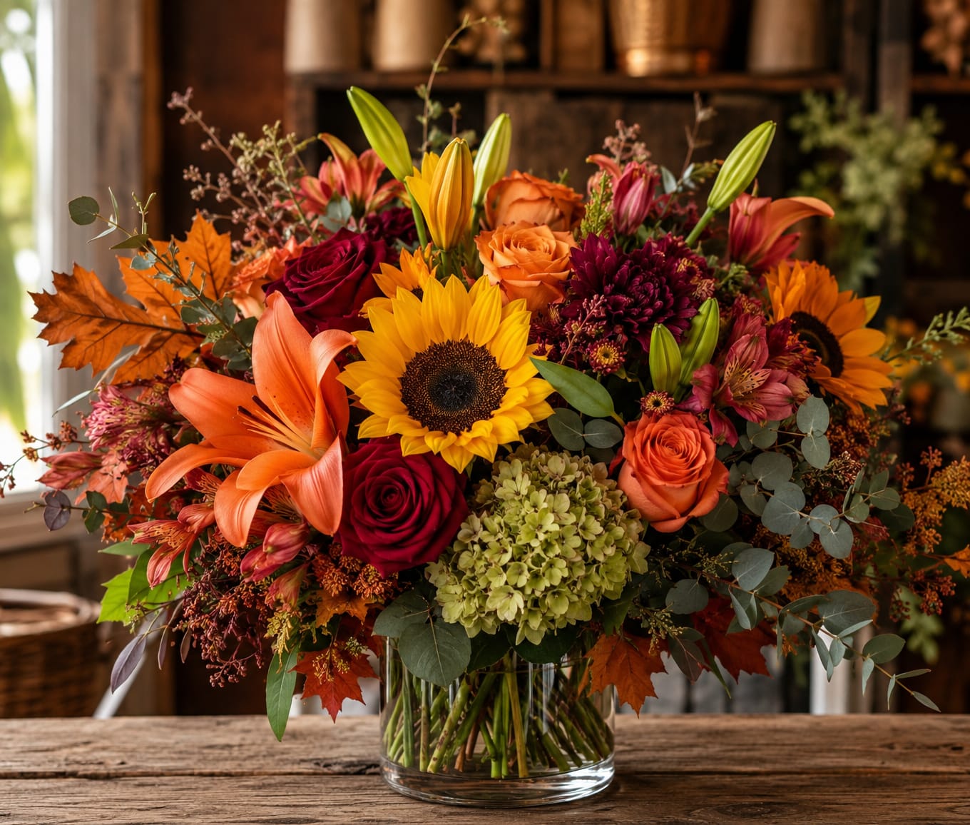 Autumn bouquet with sunflowers, roses, lilies, and hydrangea in a glass vase