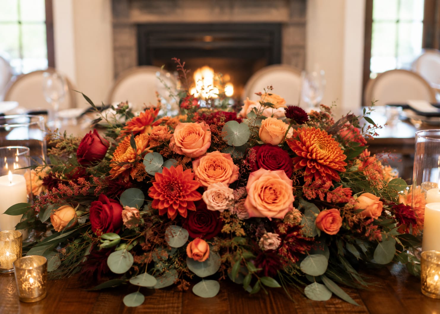Fall Grace Centerpiece  - A low, sprawling centerpiece that fills the table with warm autumnal color-this fall flower arrangement is made for intimate dinners, wedding receptions, or any seasonal celebration where cozy romance matters. The Fall Grace centerpiece pairs roses and dahlia-like blooms in a palette of orange, peach, deep red and pink so the person you're honoring will feel wrapped in candlelit warmth and thoughtful detail.  Flowers are densely layered across a low design so the color reads continuously from every seat; round eucalyptus foliage softens the edges with muted green contrast and a natural, textural finish. Glass candle holders and taper candles are included in the styling to amplify the glow and tie the whole dining table vignette together without blocking sightlines.  Made to sit at the center of a table, this arrangement sets a romantic, celebratory tone for family dinners, anniversary meals, or fall wedding tables. Place on a clean surface and trim stems as needed if rearranging-light the candles when guests arrive for the full effect and enjoy several days of bloom-forward color in your centerpiece.