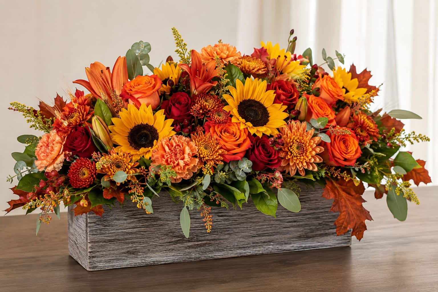 Fall Harvest Glow - Sunflowers anchor this Fall Harvest Glow arrangement, a low, wide centerpiece designed for Thanksgiving or any autumn gathering where warmth and abundance matter. The mix of sunflowers, roses, carnations, chrysanthemums, and lilies in orange, yellow, red, and coral hues creates a celebratory, harvest-time feel that will make the person you're thinking of feel seen and treasured.  Set in a rustic wooden rectangular container, the design is packed with layered texture-round roses, ruffled carnations, full mums, spidery lilies, and bold sunflower faces-accented with scattered fall leaves and seasonal berries for an authentic harvest look. Its low profile makes it perfect for table conversation while still delivering a strong visual impact across the centerpiece.  Gift this to the host of your holiday dinner, bring it as a housewarming for the season, or place it on your own mantel to brighten crisp autumn days; it's the kind of arrangement that signals gratitude and celebration. Care is simple: keep blooms in fresh water, trim stems slightly if needed, and display out of direct heat to prolong vase life.