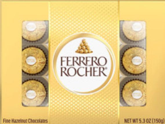 Box of Ferrero Rocher gold-wrapped chocolates in yellow packaging