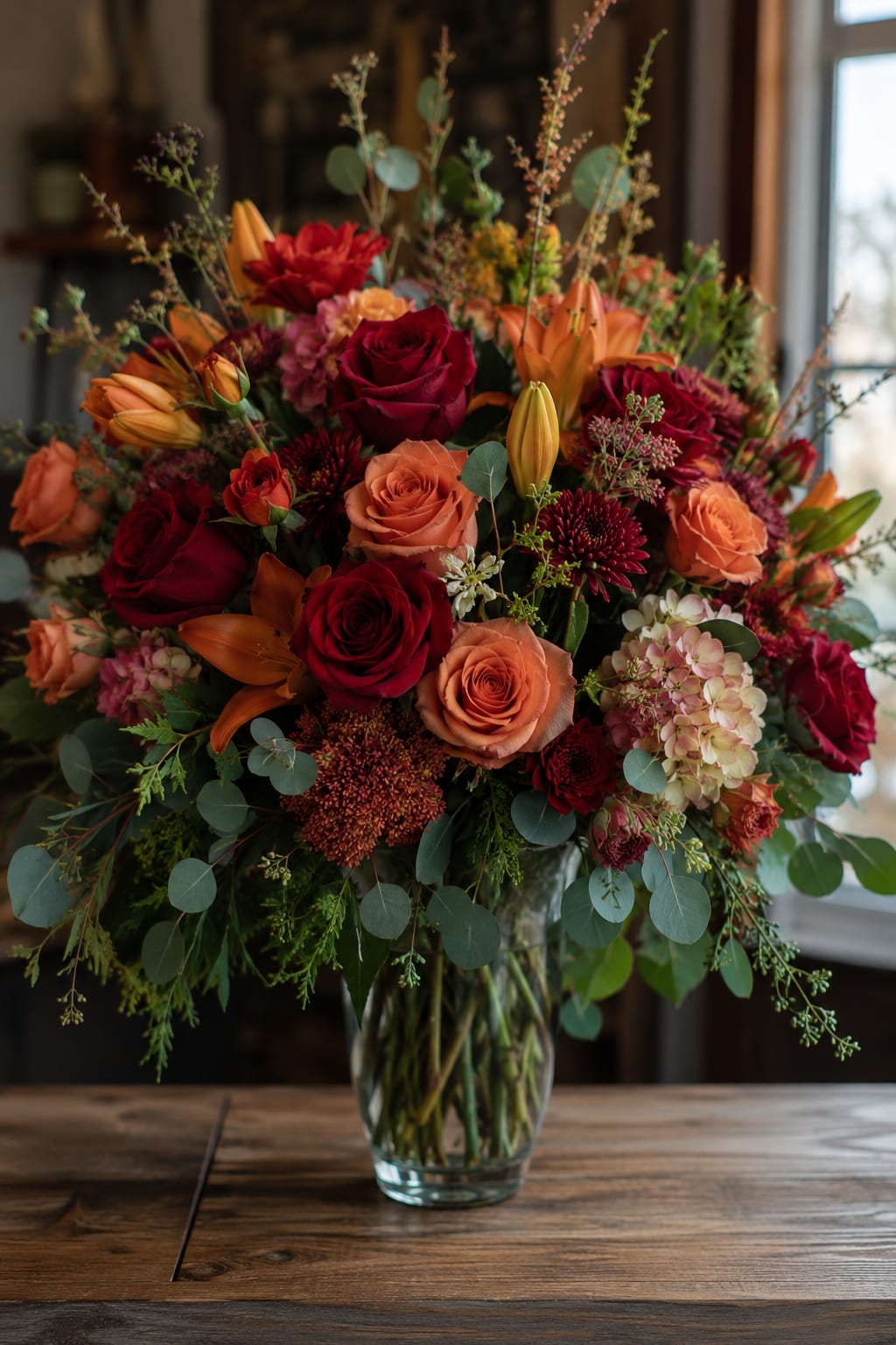 Fall into Love - A lush blend of deep red and peach roses with bright orange lilies creates an immediately warm, autumnal impression-perfect as an anniversary bouquet, birthday surprise, or centerpiece for a formal dinner. This flower arrangement for fall occasions reads romantic and rich; the person you send it to will feel cherished by the bold reds and glowing oranges softened with touches of pink and white.  The arrangement is built in a clear glass vase and features dense, rounded rose heads paired with taller, elegant lily stems and clusters of pale hydrangea for contrast and volume. The composition is full and layered, with airy filler weaving through the blooms to give a balanced silhouette that looks abundant from every angle. Colors include red, orange, pink, and white, delivering both warmth and softness.  Made to make the recipient feel celebrated and deeply seen, this piece suits anniversaries, milestone birthdays, or giving as a thoughtful host gift. Vase included; for best longevity keep flowers in fresh water, away from direct heat or drafts, and trim stems slightly if needed when you refresh the water.
