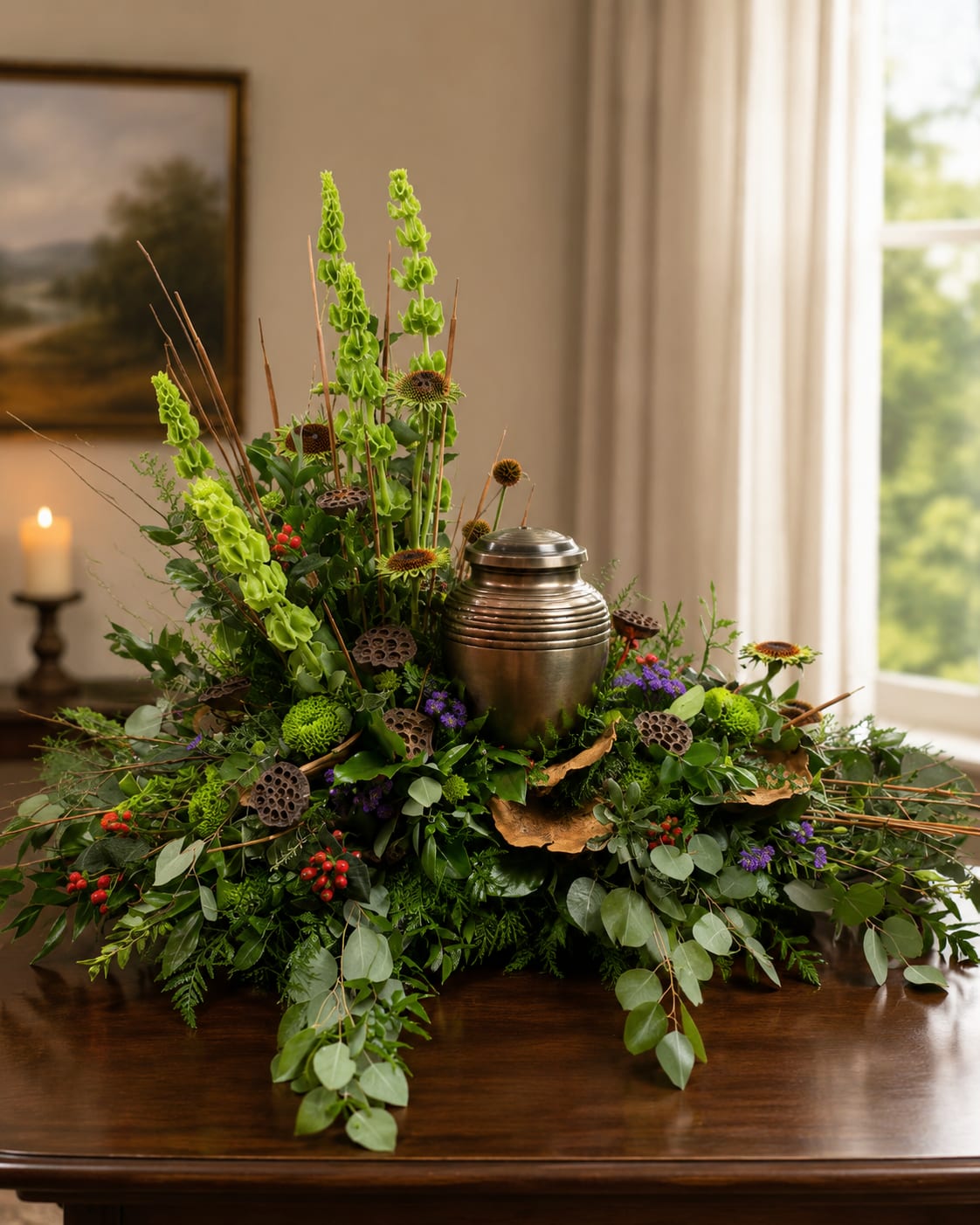 Fields of Green Cremation Wreath  - A graceful, sculptural sympathy arrangement built around tall spikes of Bells of Ireland, this cremation wreath-style floral piece is designed for funerals and quiet remembrances where subtlety matters. The long, low composition spreads horizontally like a field of green, so the person you're honoring will be remembered with a calm, natural statement rather than an overpowering display.  Layers of textured green foliage and button-style chrysanthemums create the lush foundation, while small purple asters and scattered red-mixed accents tuck into pods, berries, and varied leaves for delicate pops of color and interest. The asymmetrical silhouette-height concentrated at one side and tapering along the length-gives a contemporary, organic feel. Everything sits in a dark, boat-shaped ceramic tray that grounds the piece and keeps the arrangement low and dignified for placement on memorial tables or as a centerpiece at a service.  Thoughtful for sympathy, memorials, or a quiet anniversary of loss, this arrangement reads as both respectful and intimate-the kind of piece that helps the recipient feel gently seen. Designed to arrive ready to display, it requires minimal care; keep it out of direct sun and replenish water as needed to preserve the fresh textures and color.