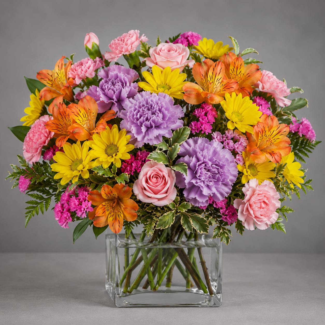 Summer Time Cube - Bright, cheerful color and a lively garden-style texture make this Summer Time Cube a joyful everyday bouquet for celebrations, thank-you gifts, or simply telling someone you're thinking of them. The arrangement reads as an upbeat birthday or spring occasion choice-perfect for bringing a burst of pink, yellow, purple, and orange into a room and making the recipient feel genuinely celebrated.  A dense, rounded mix of carnations, gerbera daisies, alstroemeria, and roses is hand-arranged in a clear square glass vase, creating a textured composition of ruffled blooms and large daisy-like focal flowers softened by smaller pink accents. The compact cube shape fits nicely on a table or desk and showcases the mixed-color palette from every angle; stems are cut to sit neatly inside the clear glass for an effortless, polished look.  Send this when you want someone to smile-whether it's a thank-you, small anniversary, or just-because surprise. Treat the blooms to fresh water every few days and trim stems slightly if they sit for more than a day to keep the arrangement looking its best.  4W x 4H Vase Size