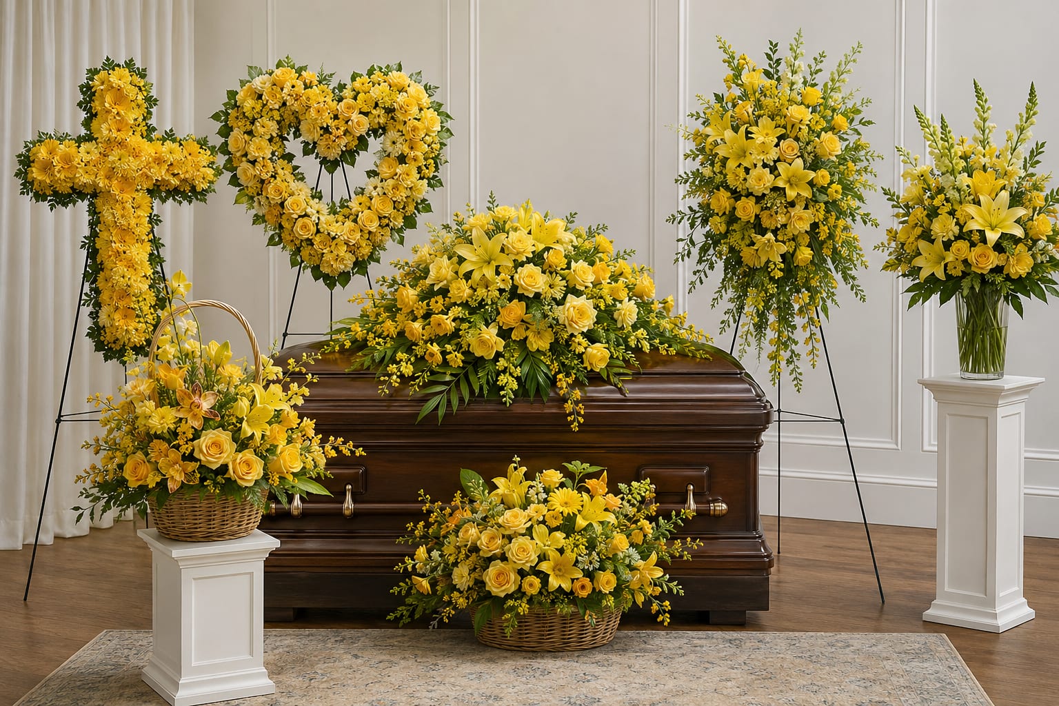 Yellow funeral casket spray with matching standing wreaths and baskets