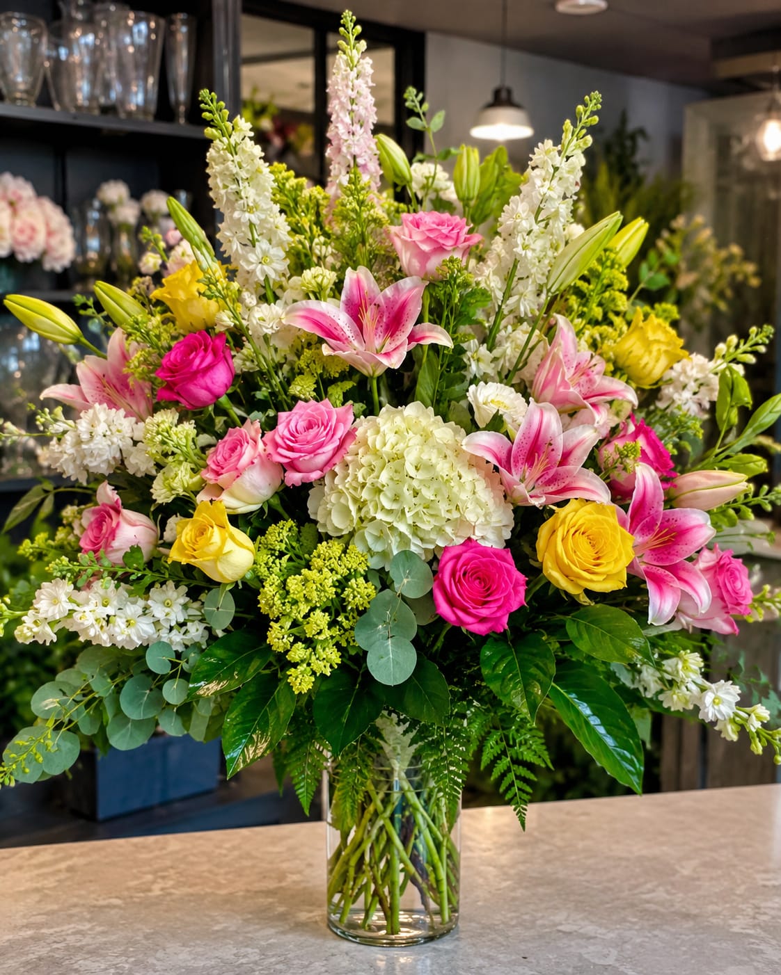 Garden Magic by Petal Perfection - A lush, garden-style bouquet that reads like a sunlit walk through a floral patch - perfect as a birthday bouquet, a congratulations arrangement, or a cheerful thank-you gift. Garden Magic by Petal Perfection pairs bright pink roses and pink stargazer lilies with sunny yellow roses and soft white hydrangea to create an uplifting mix that will make the person you're thinking of feel celebrated and seen.  This large, full vase design arrives in a clear glass vase and features layered, abundant blooms with tall white and pale-pink spike flowers rising above a dense base of mixed greenery and eucalyptus. The combination of roses, lilies, hydrangeas, stock and fresh foliage gives varied texture and fragrance: velvety rose petals, dramatic stargazer blooms, and fluffy hydrangea clusters in a cheerful pink, yellow, white, and green palette.  Ideal for brightening a kitchen table, office desk, or entryway, this arrangement suits recipients who appreciate bold color and garden-fresh style. Care is simple: place in fresh water, trim stems every few days, and keep out of direct heat to enjoy the display for as long as possible.