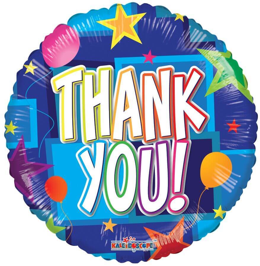 Round foil balloon with colorful "THANK YOU!" text and stars