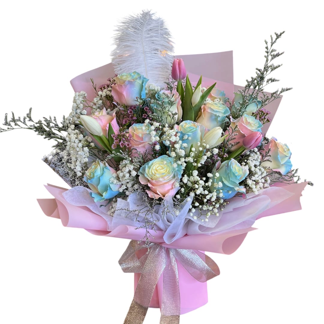 Pastel bouquet of roses and tulips wrapped in pink paper