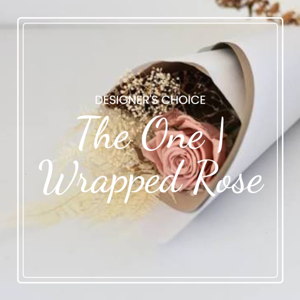 Single pink rose wrapped in paper with baby's breath