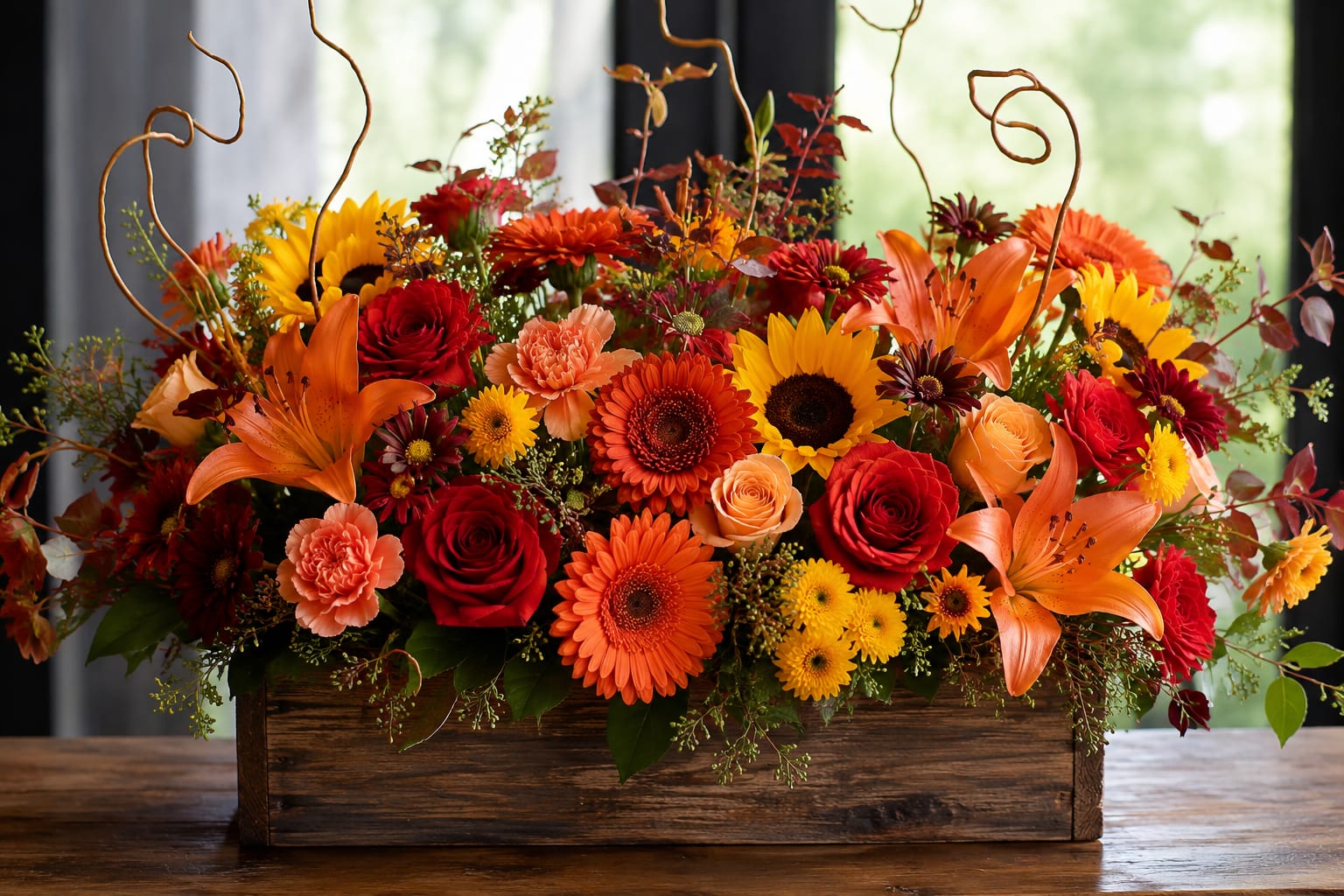 Harvest Gold  - A bold, harvest-ready centerpiece that captures the warmth of autumn, this flower arrangement is perfect as a Thanksgiving table centerpiece, fall birthday bouquet, or seasonal gift to celebrate a cozy milestone. The low, dense design-arranged in a rustic wooden box-puts orange lilies, red and peach roses, bright yellow sunflowers, and vivid gerbera daisies front and center so the person you're thinking of will feel wrapped in rich, joyful color the moment it arrives.  Flowers are layered tightly for an abundant, energetic look, with carnations and chrysanthemums filling in texture and depth while curly decorative branches lift the composition with natural movement. The palette mixes orange, red, yellow, and touches of pink for a festive, harvest-inspired vibe that reads both elegant and homey. Because it sits low in a wooden box, it works beautifully as a centerpiece for meals and gatherings without blocking conversation.  Choose this arrangement when you want to make someone feel celebrated and cozy-ideal for Thanksgiving hosts, autumn birthdays, or to bring seasonal cheer to a home. The compact, durable wooden box keeps the arrangement stable on a table; standard care is to keep flowers in a cool spot away from direct heat and to add water to the floral foam as needed to maintain freshness.
