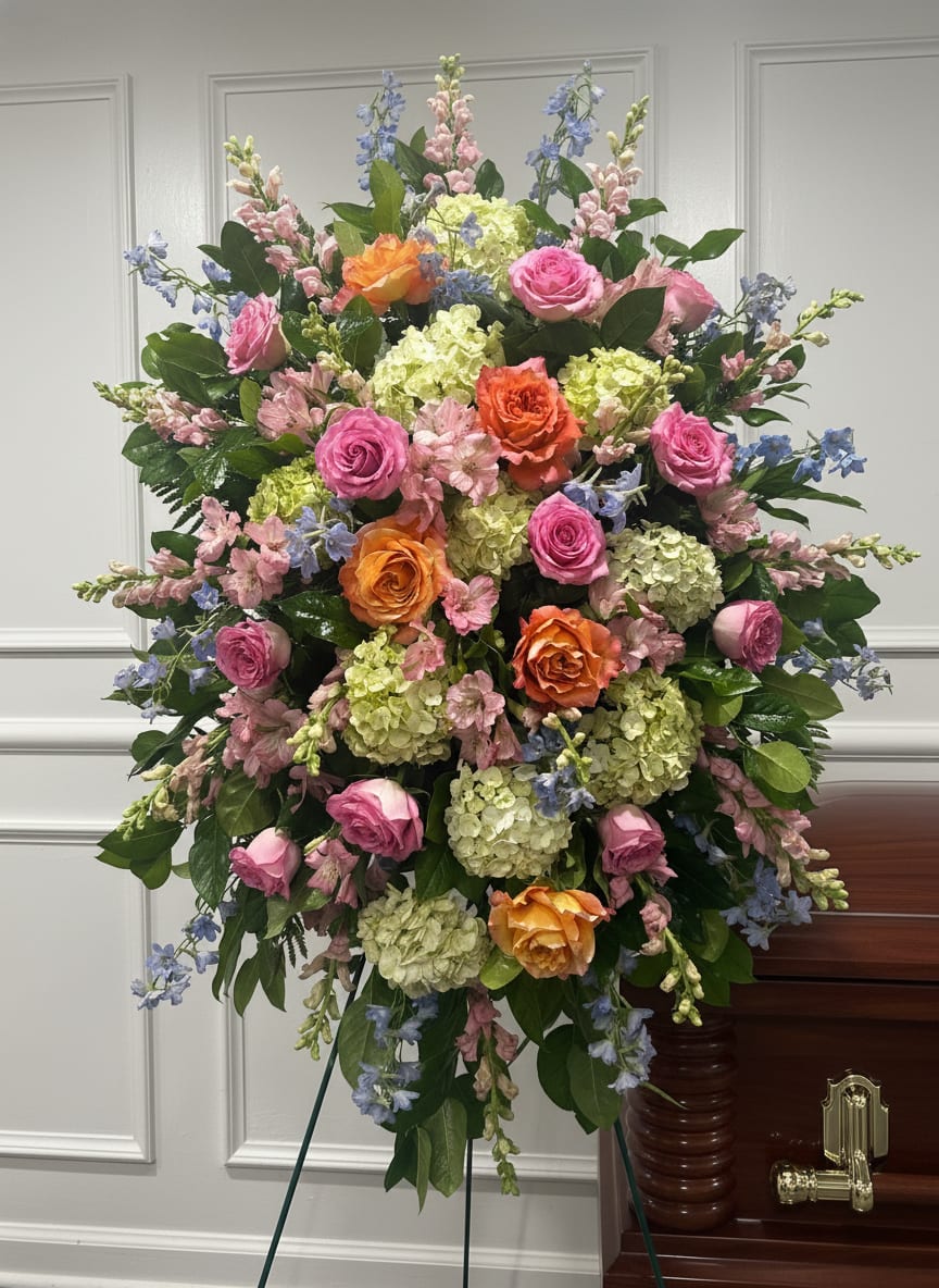 Large standing floral spray with pink, orange, and blue flowers