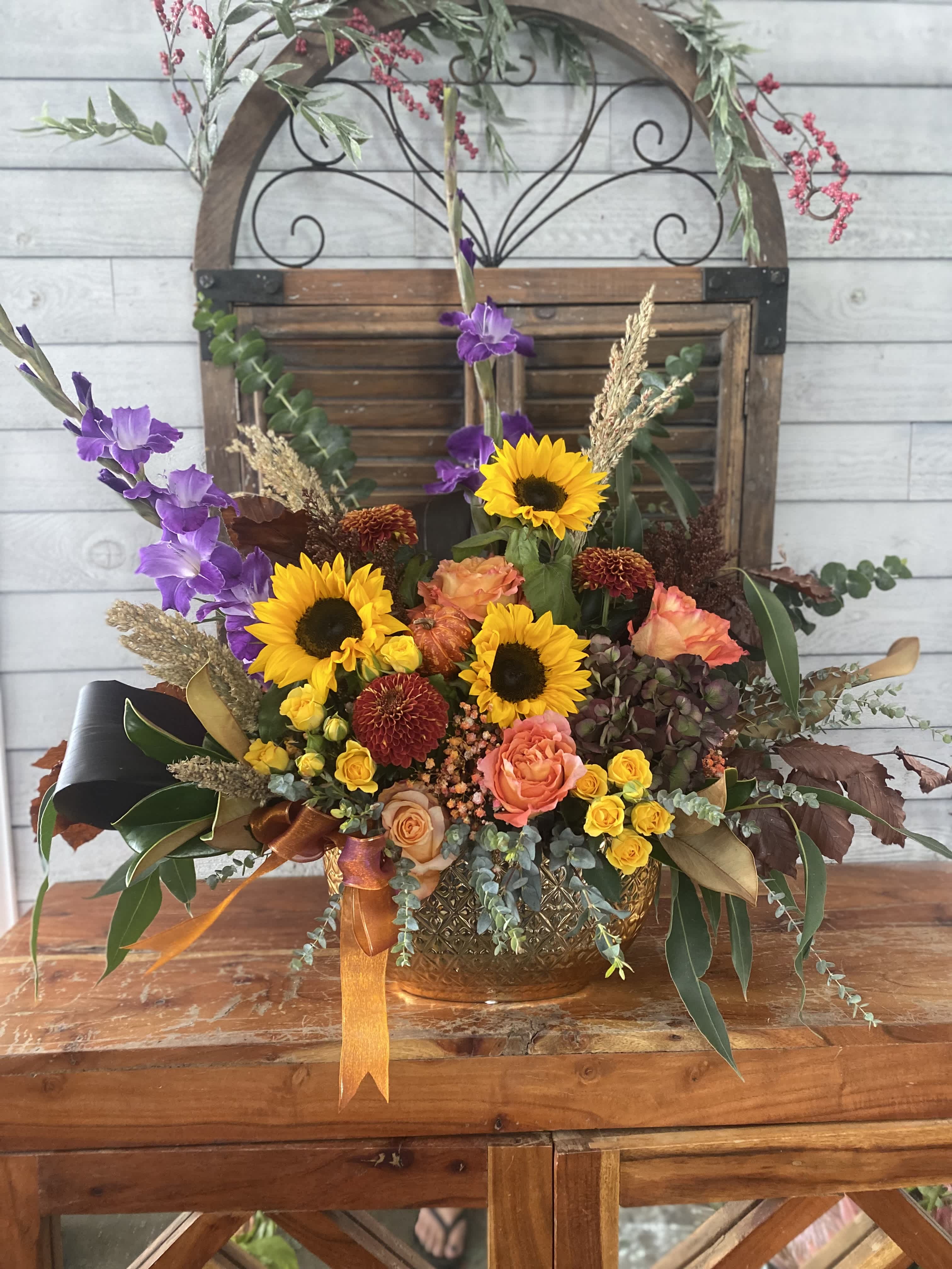 Happy Fall  - In gold ceramic vase fall bouquet.