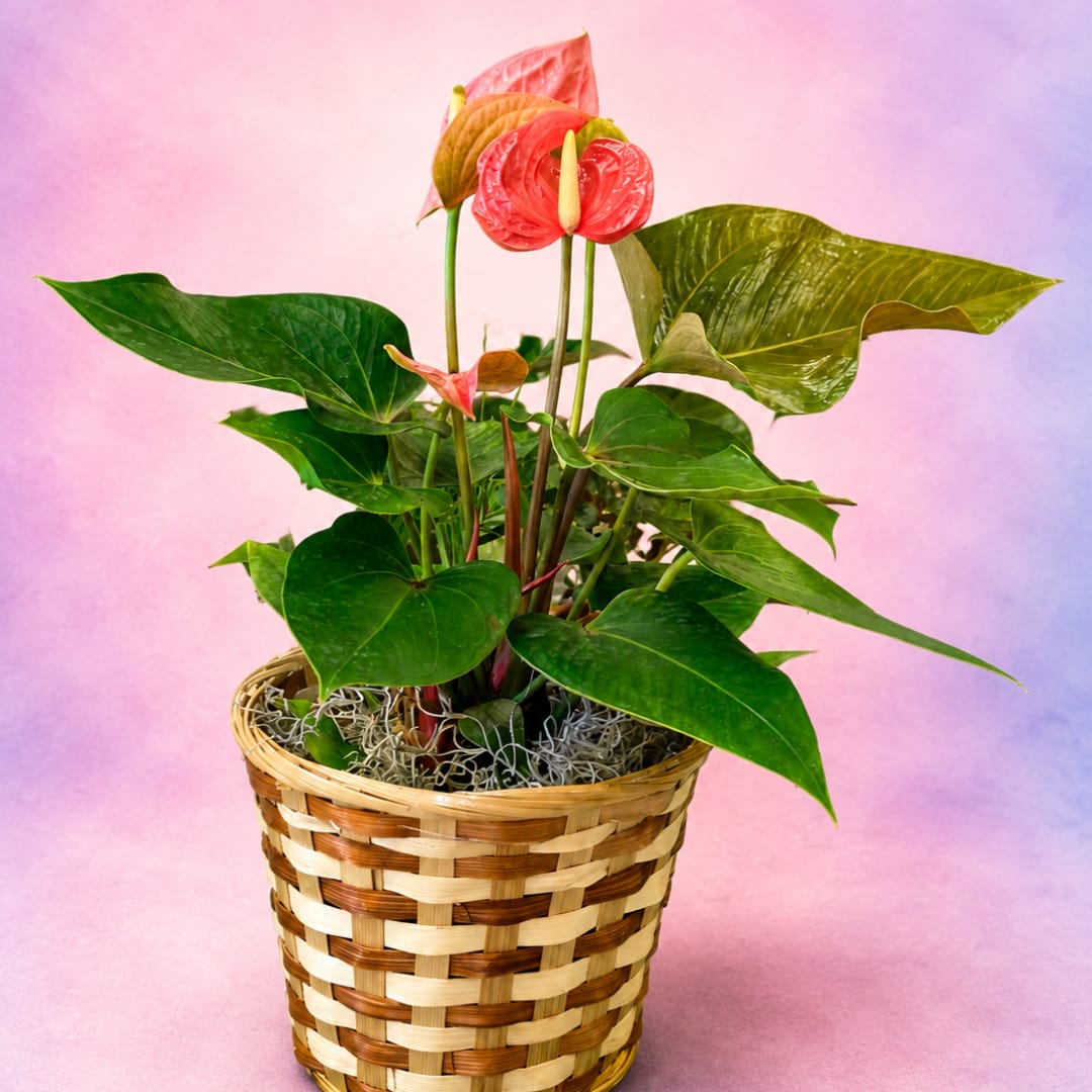 Potted anthurium plant with red blooms in a woven basket