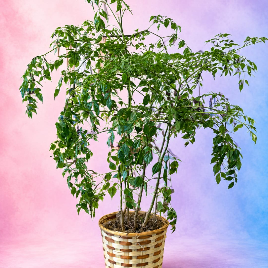 Potted leafy green plant in a woven basket planter