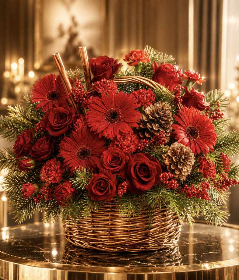Red Christmas Basket - A celebration of richness and seasonal warmth, this lush Christmas basket dazzles with layers of deep red tones and natural holiday texture. Vibrant gerbera daisies, velvet roses, and festive carnations gather in a lavish display, accented by berries, pinecones, and fragrant evergreens that evoke the feeling of a cozy fireside evening.  Arranged in a classic woven basket, the composition offers fullness, warmth, and depth- a perfect blend of elegance and holiday tradition.  Wether delivered as a heartfelt gift, used as a centerpiece, or displayed as part of holiday decor, this basket brings a luxurious touch of Christmas magic to any home. 