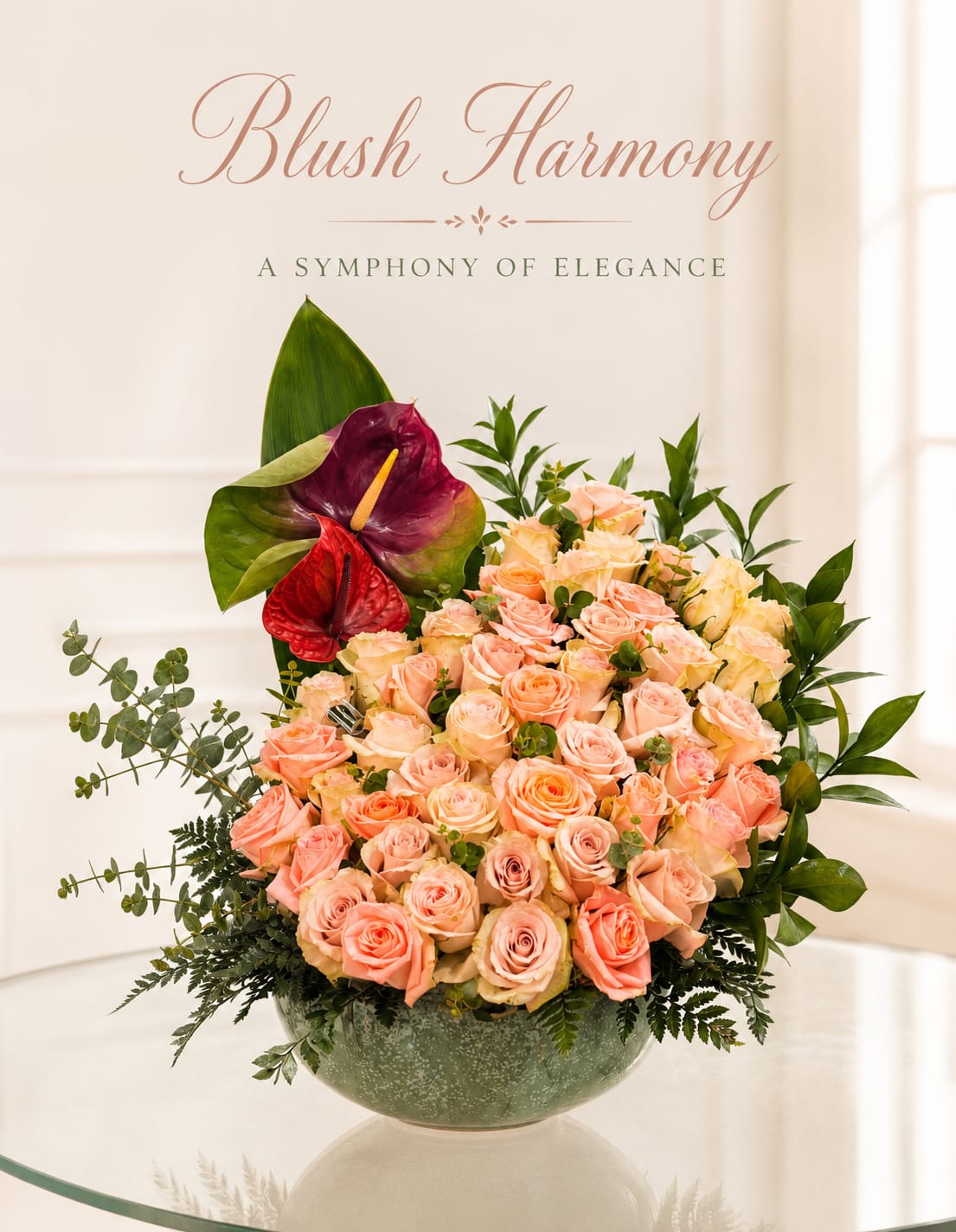 Blush Harmony - A luxurious floral arrangement designed to make a lasting impression. Soft blush and champagne roses are artfully paired with striking burgundy and red anthuriums, lush premium greenery, and elegant textural accents to create a sophisticated, modern statement.  Perfect for: -Anniversaries -Birthdays -Congratulations -Mother's Day -Luxury home decor, or hotel decor -Thank you gifts -Sympathy and remembrance 