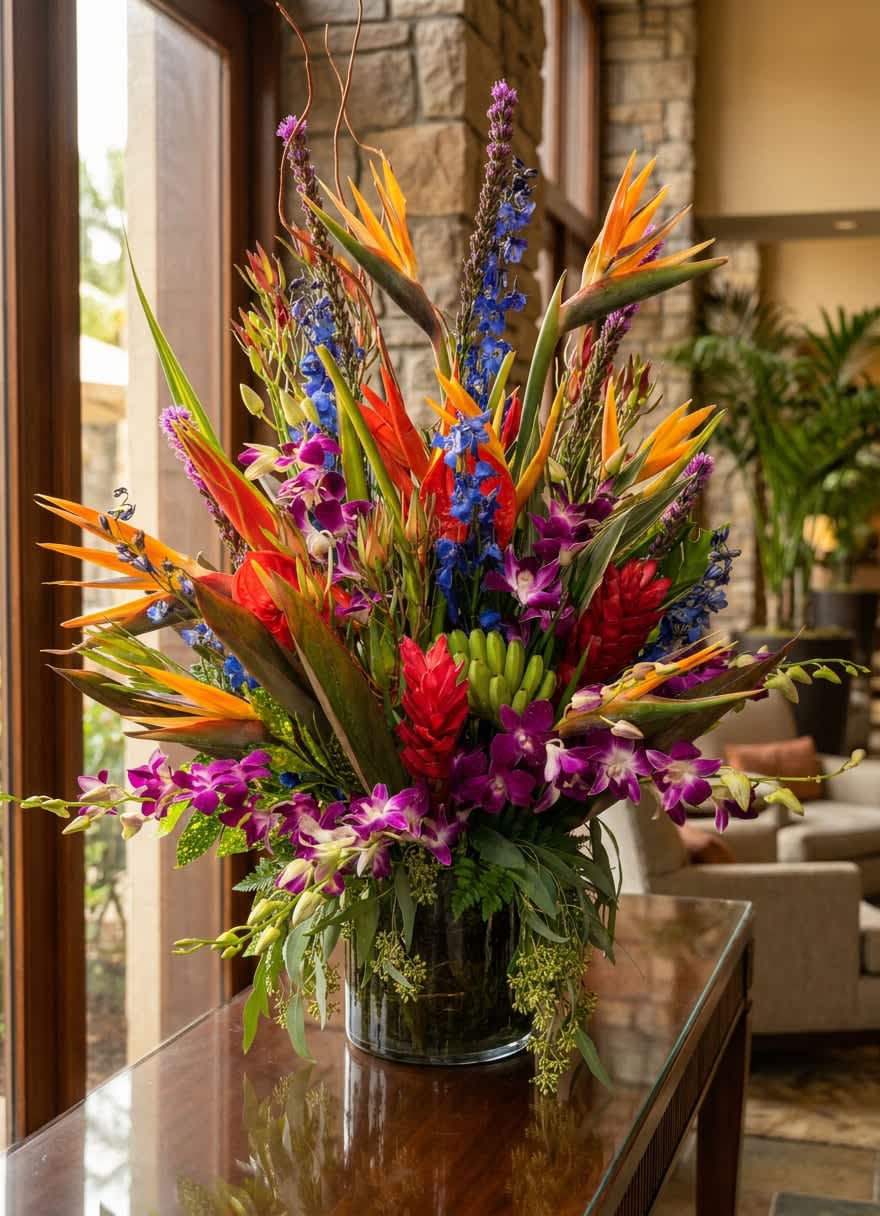Luscious (BR) - Introducing a tall, modern, and show-stopping tropical vase arrangement that will transport you to a vibrant and exotic paradise. This arrangement features a stunning combination of birds of paradise, purple dendrobium orchids, blue delphinium, red ginger, yellow roses, kale, bells of Ireland, and is accented with tropical foliage and curly willow.