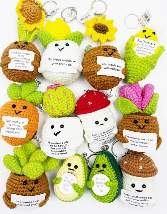 Emotional Support Crochet Keychain with Inspire Quotes - Brighten your day with these adorable crochet keychains, each featuring a charming character and an inspiring quote. Perfect for providing a little emotional uplift, these handcrafted accessories serve as a comforting reminder to stay brave, be yourself, and find joy in the small moments. A thoughtful gift or personal keepsake to share positivity and support.