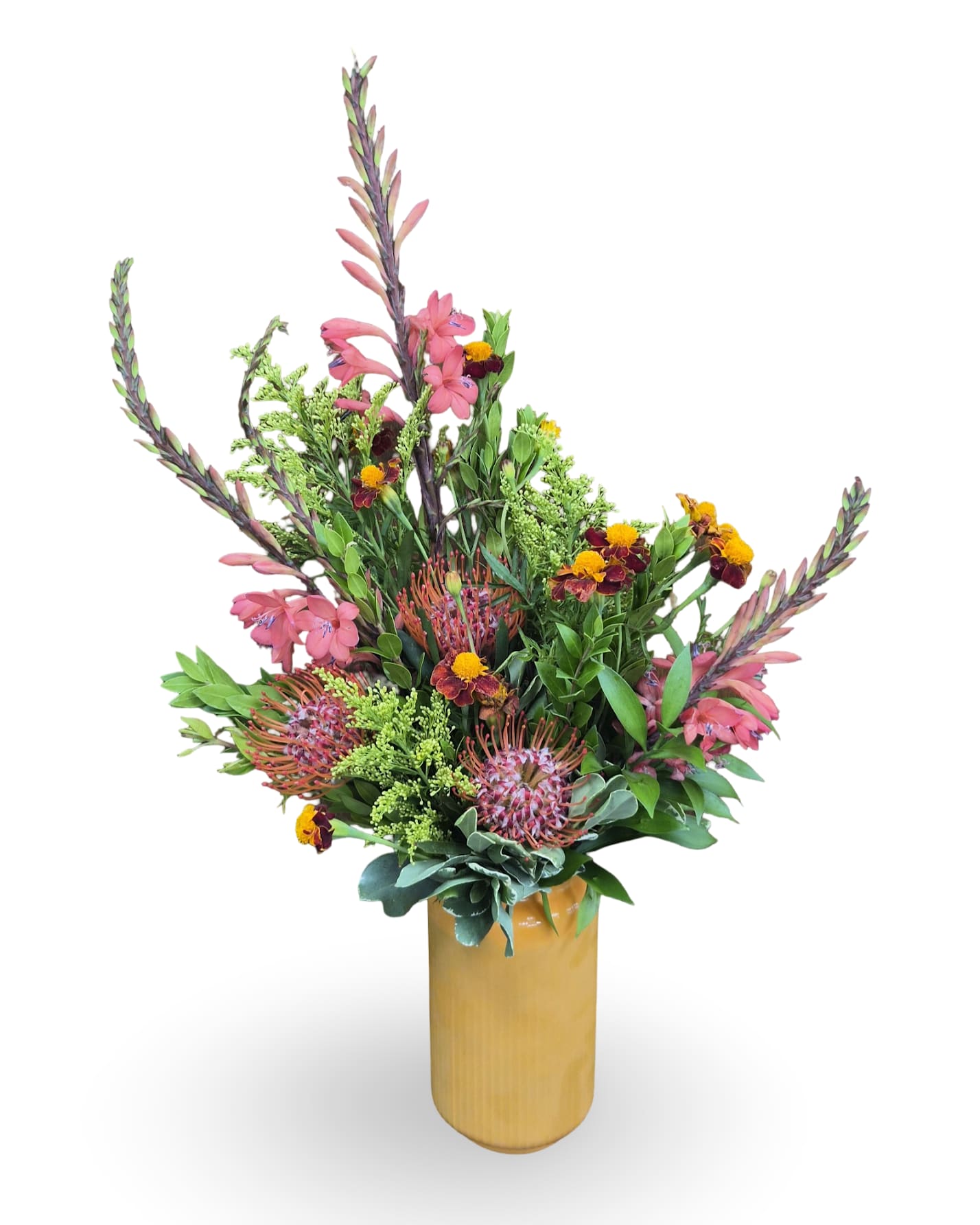 Tall mixed bouquet in a gold vase with pink and orange flowers