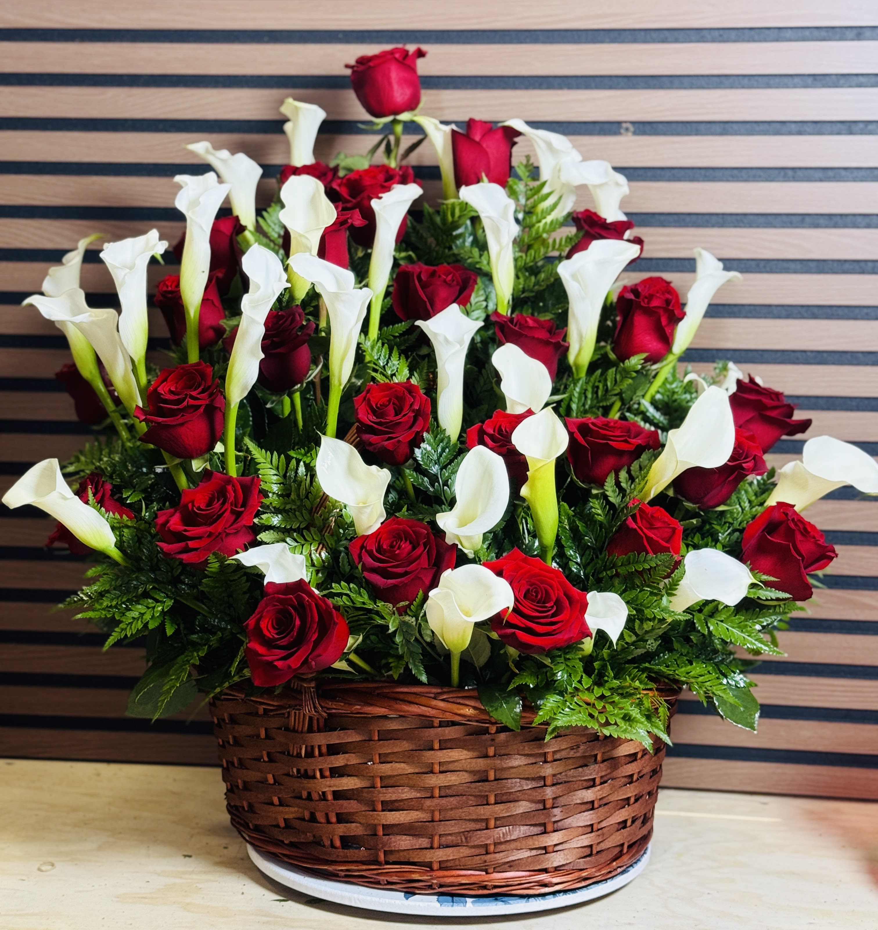 Calla Lillies &amp; Red Roses  - Calla Lillies and Red Roses in a Brown Basket 