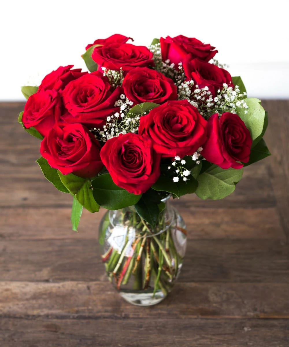 Red Rose Vase - Red roses in a vase with baby's breath and green fillers.  Standard-12 roses Deluxe-24 roses Premium-36 roses