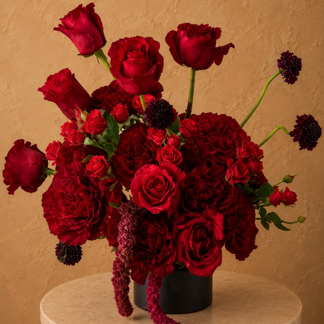 Red roses and carnations arranged in a black vase