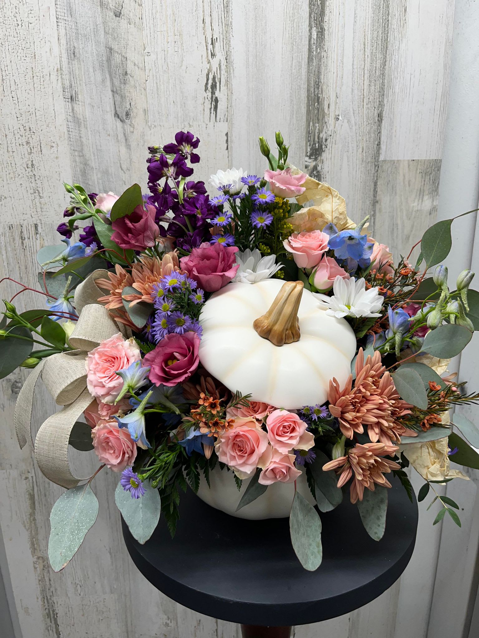 Giuliana - Blush &amp; Beige Flowers With Pops Of Purple. Can also be made in traditional fall colors. Please call if you want a traditional fall look or add it in the special instructions. 