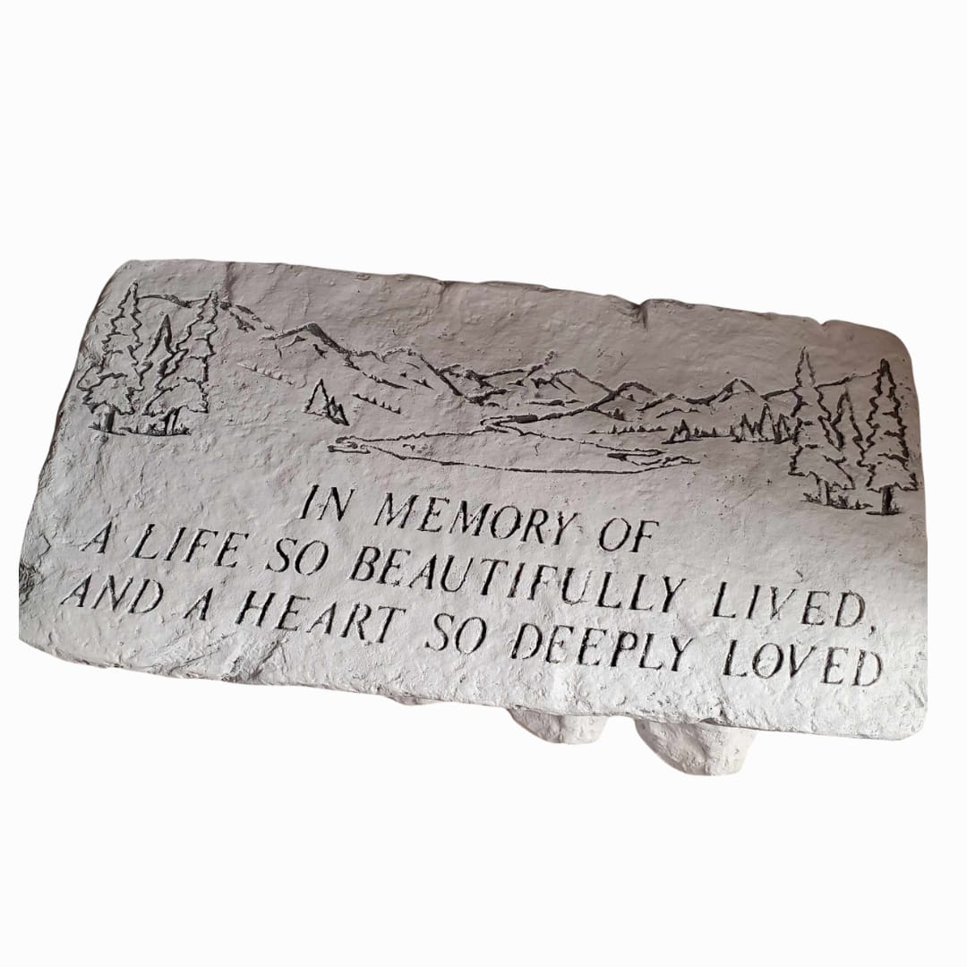 Cement Sympathy Bench - A Cement Bench with a beautiful landscape of Mountains &amp; Trees with a sayng carved in it, In Memory of a life so beautifully lived and heart so deeply loved.
