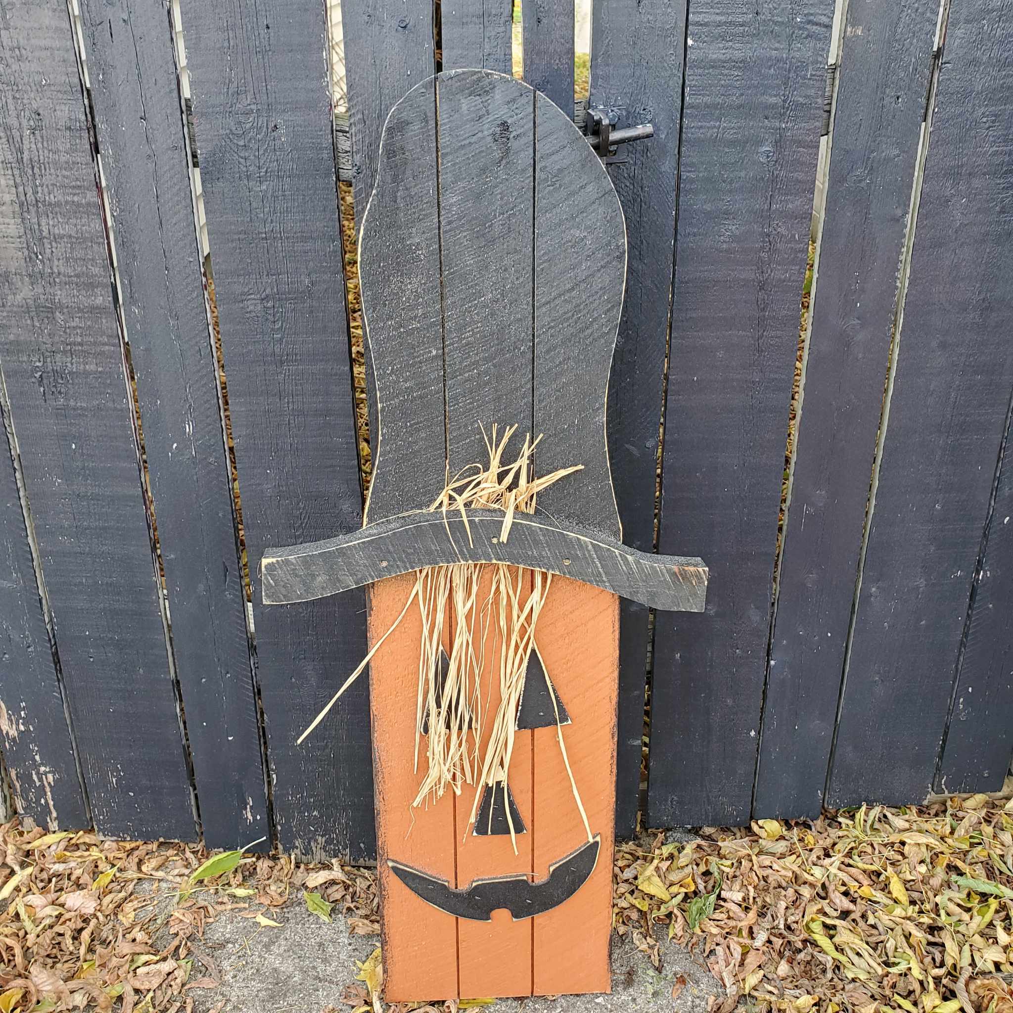 Scarecrow Pumpkin Porch Sign - Wooden scarecrow pumpkin porch decor. Leaner.  Made in the USA