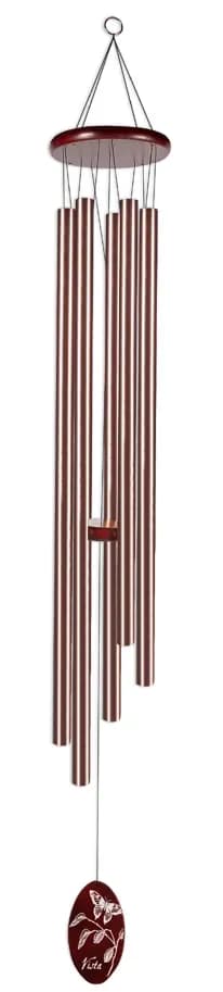 Bronze Vista Wind Chime 47'' ~ Sunset Vista Designs - Bring beauty and music to your outdoor space with a Wind Chime from Sunset Vista Designs. Sleek metal chime rods, in bronze, hang from a simple wood disk; wood wind catcher has a graceful print of a butterfly and the word Vista. Simply hang your Chime where the wind can reach it from as many directions as possible, then sit back and enjoy.  • Anodized aluminum tubes for all weather conditions. • Easy Hanging metal ring included. • Makes a great gift for any season or reason! • Each tube provides a joyful resonating note.  Made with rust-resistant, anodized aluminum, wood, nylon, and metal ring.