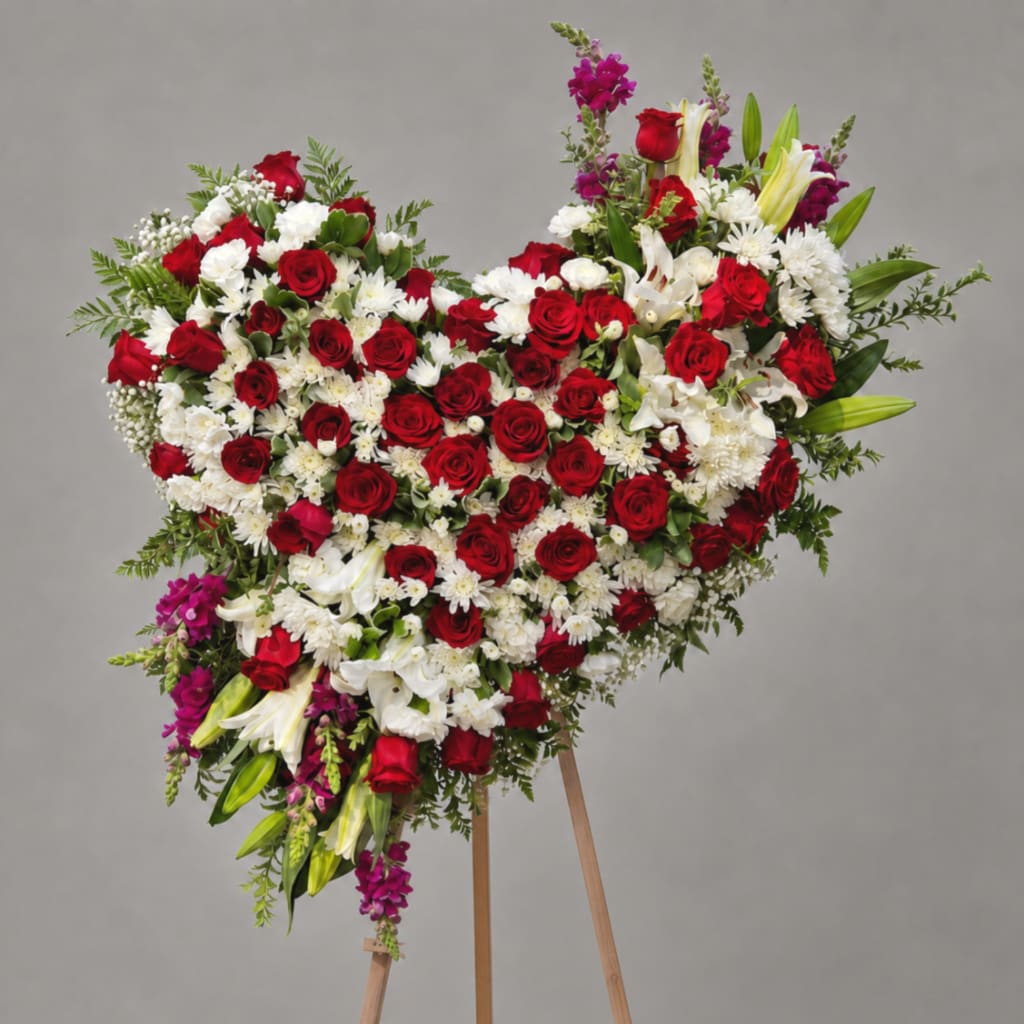 Heart-shaped floral spray with red roses, white lilies, and purple accents on a stand