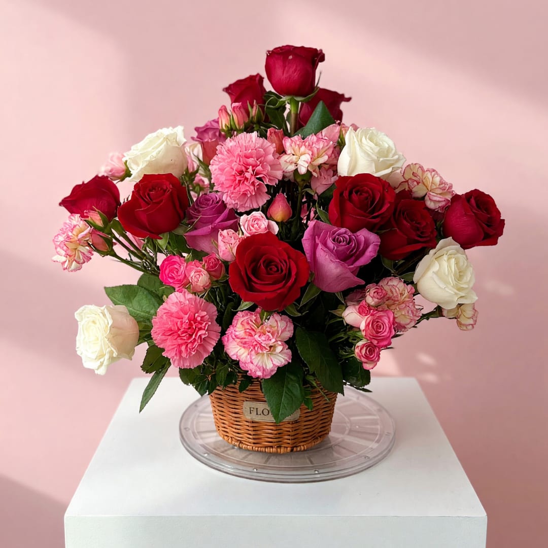 Mixed bouquet of red, pink, and white roses in a wicker basket