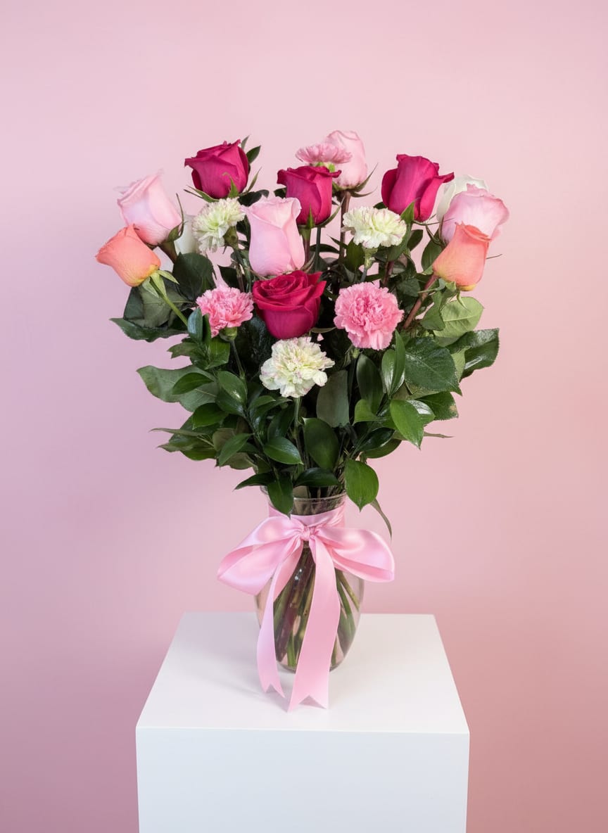 Pink and magenta roses with carnations in a glass vase tied with a pink ribbon