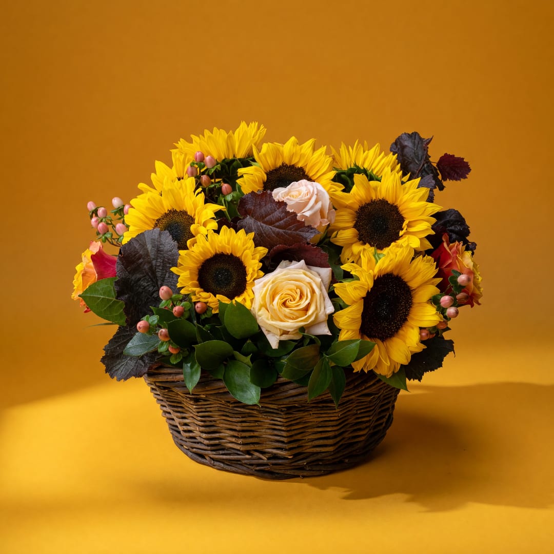 Basket arrangement of sunflowers and cream roses on a yellow background