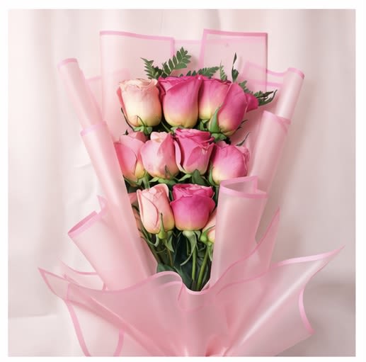 Bouquet of pink roses wrapped in sheer pink paper