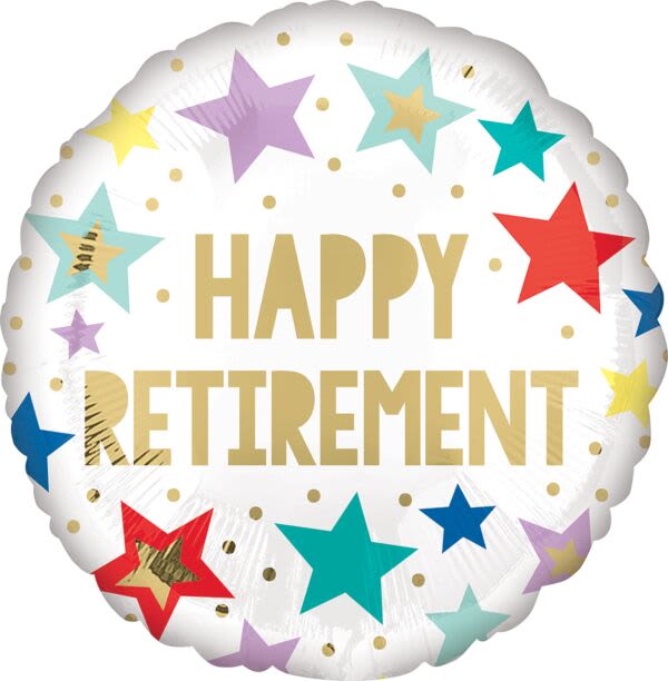 Round foil balloon with stars and the words Happy Retirement
