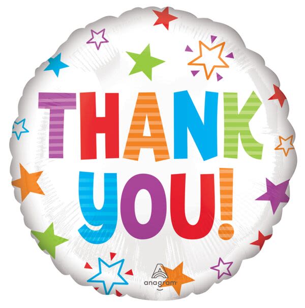 Round foil balloon with colorful "THANK YOU!" text and stars