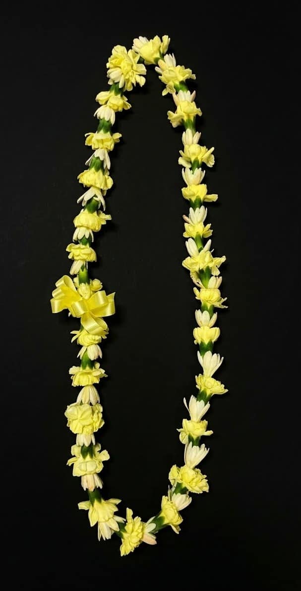 Yellow and white flower lei on a black background