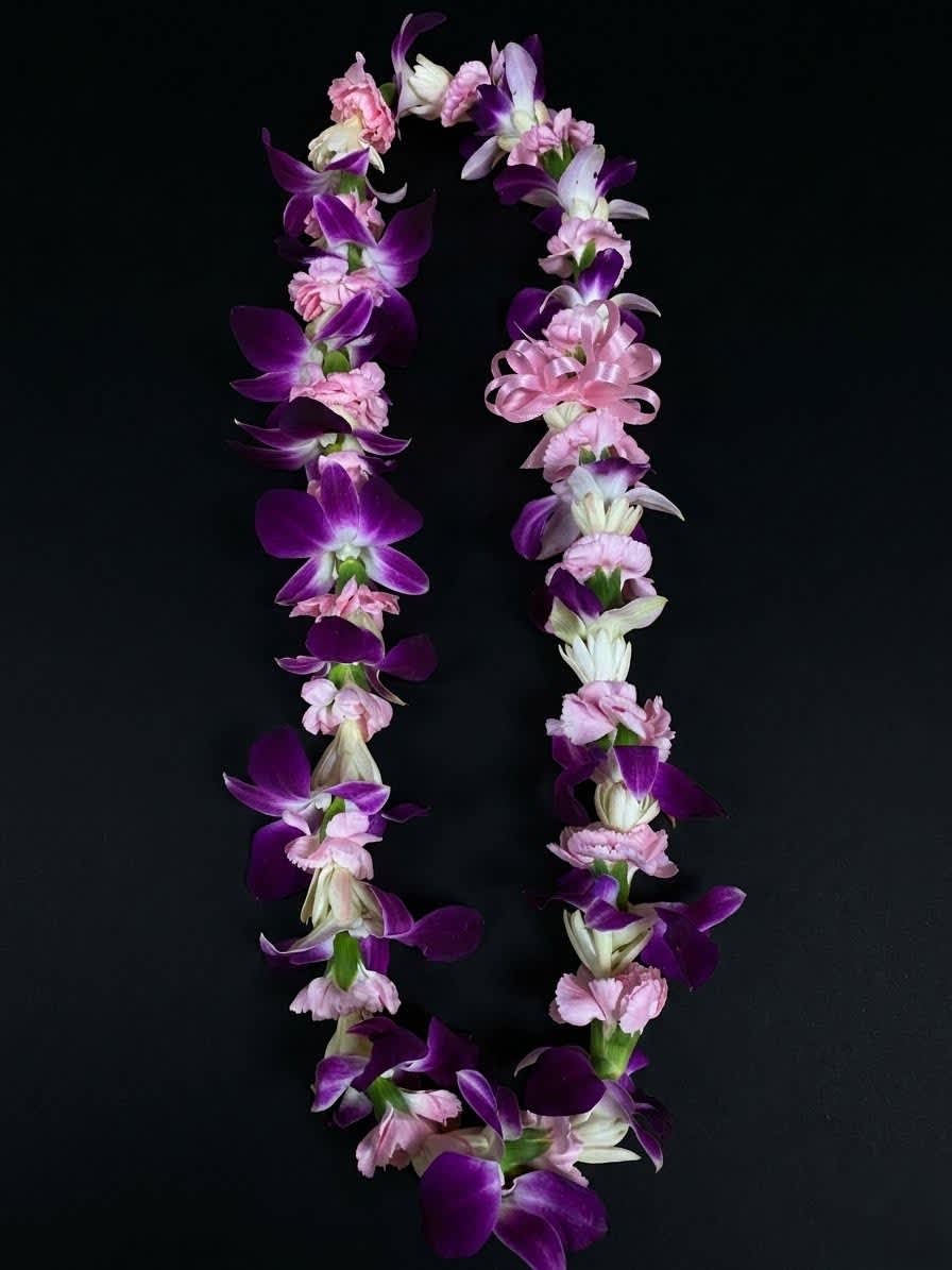 Purple and pink flower lei on a black background