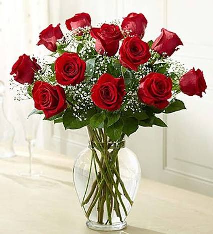 Red roses arranged in a clear glass vase