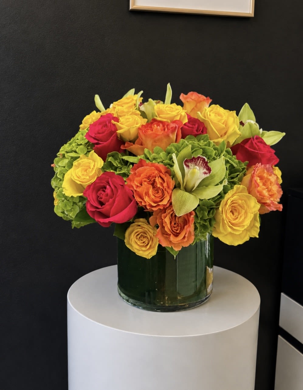 Bright Abundance - LFD - This cylindrical vase of flowers is kind of like a time capsule, if time were made of flowers. What a wonderful “time” that would be. In the season of changing plants, leaves, and flowers, this cylinder of bright abundance reminds us of the beauty that comes with the changing of the seasons. Spoiler alert: that’s a lot of beauty.  