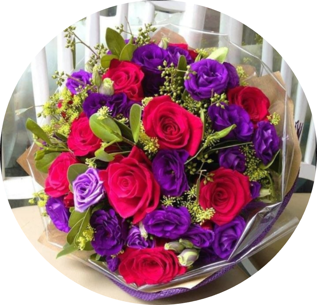 Agata - A bold hand-tied flower arrangement that pairs vivid red roses with deep purple and lavender lisianthus for a richly romantic look-perfect as an anniversary bouquet, birthday gift, or a "just because" surprise for someone you love. The saturated red-and-purple palette reads celebratory and intimate, so the person you're sending it to will feel seen and cherished the moment they unwrap it.  This dense, layered bouquet includes mixed-color lisianthus and classic roses, accented with small green filler sprigs and glossy rounded foliage for texture and contrast. The stems are finished in clear plastic wrap with a brown paper backing for a polished, gift-ready presentation that still feels effortless and modern.  Sized as a full, hand-tied bouquet, Agata arrives ready to display-simply recut stems and place in fresh water to extend vase life. It's an ideal choice when you want a romantic, vibrant arrangement that communicates affection on birthdays, anniversaries, or any special moment.