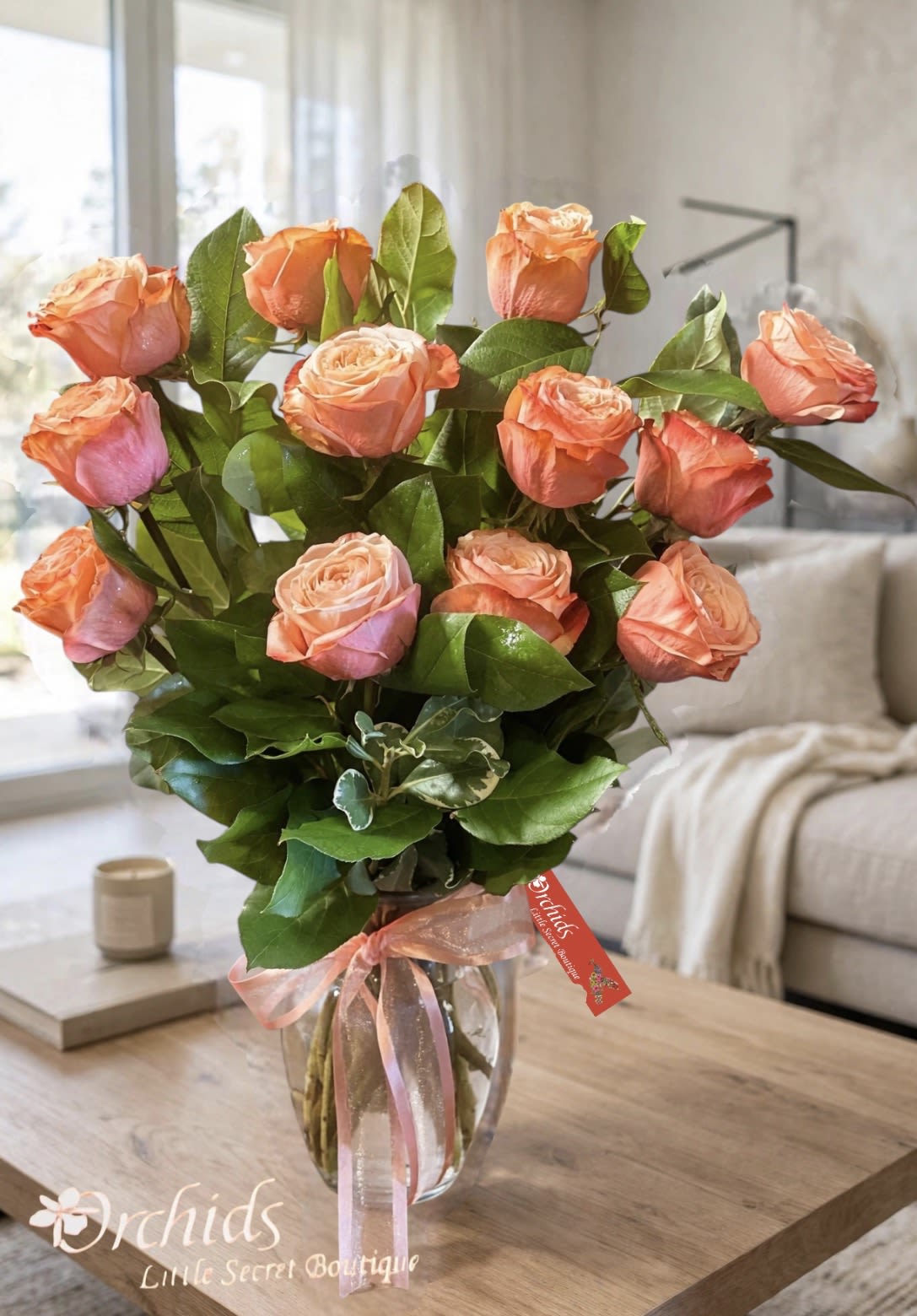 Luxury Peach Kahala Garden Roses | Premium Romantic Rose Bouquet | Same-Day Orange County Flower Delivery - Arrangement measures approximately 19"H Experience the beauty of premium Peach Kahala Garden Roses, a luxurious rose variety known for its soft peach tones, elegant petals, and romantic garden-inspired appearance. Hand-selected and beautifully arranged by Orchids Little Secret Boutique, this stunning bouquet creates an unforgettable floral gift for someone special.  With their delicate peach coloring and timeless elegance, Kahala Garden Roses are perfect for romantic surprises, anniversaries, birthdays, Mother's Day, new babies, congratulations, thank-you gifts, or simply sending a beautiful "thinking of you" gesture.  Part of our Cat Lovers Collection, this elegant Peach Kahala Garden Rose Bouquet makes a thoughtful gift for someone who loves both beautiful flowers and their feline companions. We recommend displaying all fresh floral arrangements out of reach of curious pets, especially those that may chew flowers or foliage.