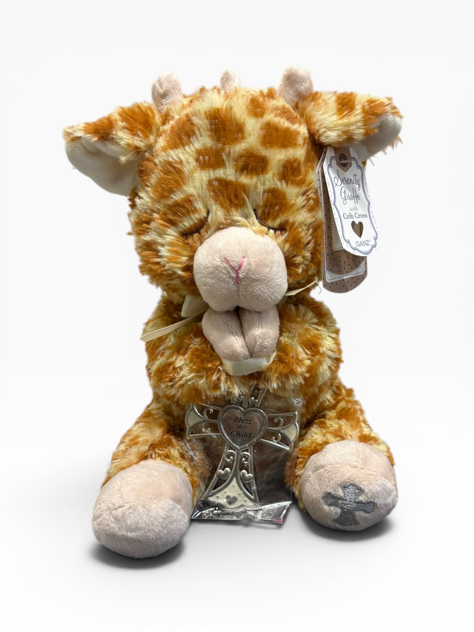 Serenity Giraffe with Crib Cross - Sweetest, softest, most adorable giraffe plush, embroidered eyes and embroidered cross on foot, holding a keepsake crib cross that reads "Bless This Child". Stands 10in tall. 