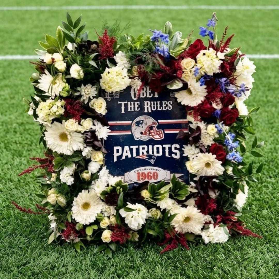 Floral wreath around a Patriots sign on grass