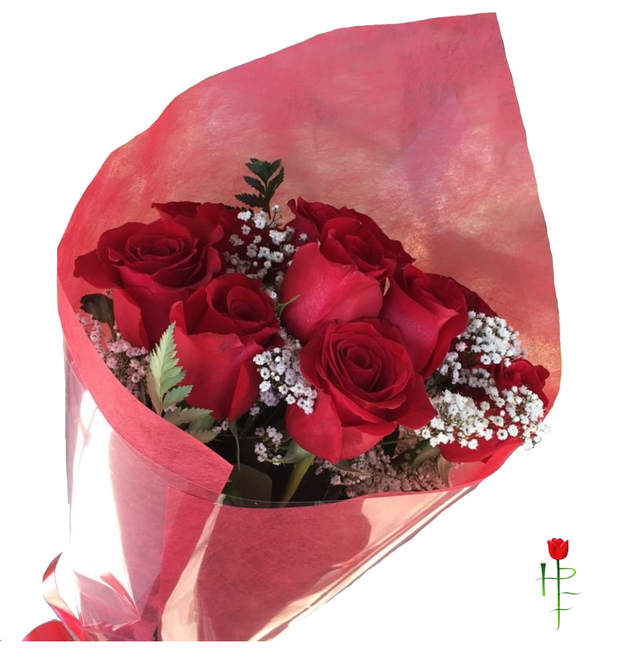 Bouquet of red roses with white filler flowers wrapped in pink paper
